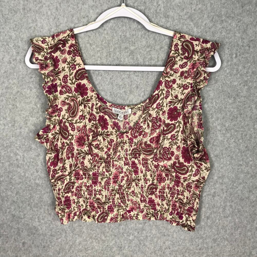 Patrons of Peace Crop Top Womens Small Pink‎ Cream Floral Ruffle Cottage Western